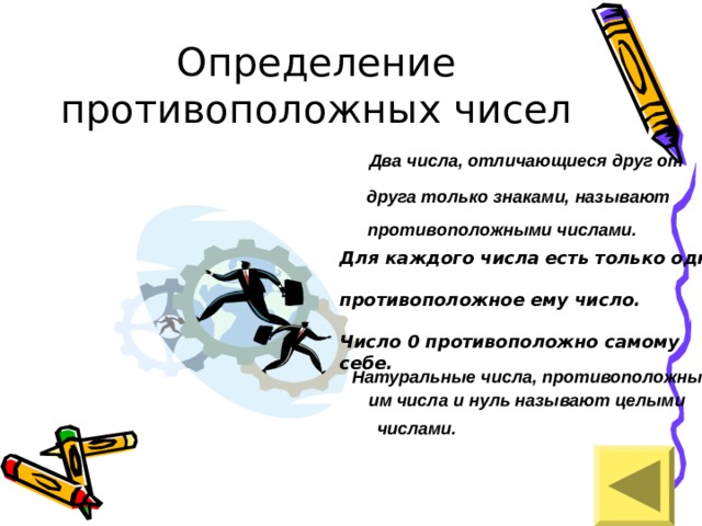 Определение противоположных чисел Два числа, отличающиеся друг от   друга только знаками, называют противоположными числами. Для каждого числа есть только одно  противоположное ему число.  Число 0 противоположно самому себе.        Натуральные числа, противоположные     им числа и нуль называют целыми  числами. 