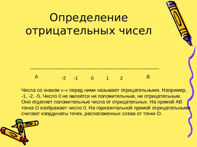 Определение отрицательных чисел A B Числа со знаком «-» перед ними называют отрицательными. Например, -1, -2, -5. Число 0 не является ни положительным, ни отрицательным. Оно отделяет положительные числа от отрицательных. На прямой AB точка О изображает число 0. На горизонтальной прямой  отрицательными считают координаты точек, расположенных слева от точки О. 