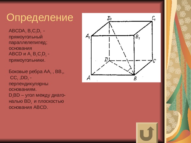 ABCDA 1 B 1 C 1 D 1 - прямоугольный параллелепипед; основания ABCD и A 1 B 1 C 1 D 1  - прямоугольники. Боковые ребра АА 1 , ВВ 1 ,  СС 1 , DD 1 - перпендикулярны основаниям. D 1 BD – угол между диаго- налью BD 1 и плоскостью основания ABCD . 