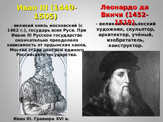 Леонардо да Винчи (1452-1519) Иван III (1440-1505) - великий князь московский (с 1462 г.), государь всея Руси. При Иване III Русское государство окончательно преодолело зависимость от ордынских ханов, Москва стала центром единого Российского государства. - великий итальянский художник, скульптор, архитектор, учёный, изобретатель, конструктор. Иван III . Гравюра XVI в. 