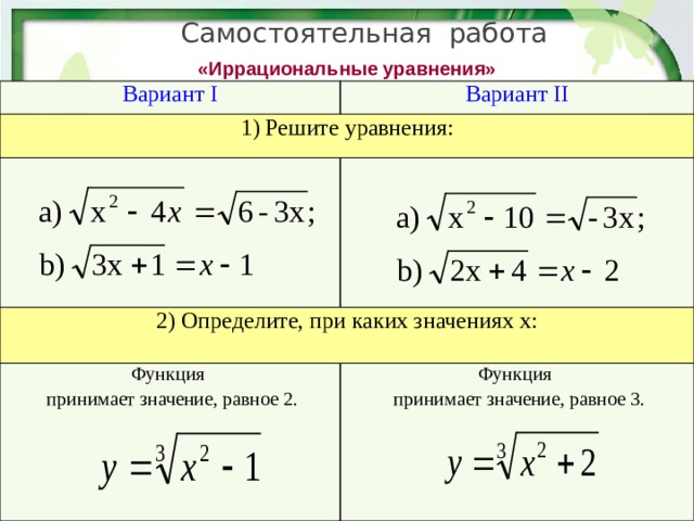 Самостоятельная работа «Иррациональные уравнения» Вариант I Вариант II 1) Решите уравнения: 2) Определите, при каких значениях х: Функция  принимает значение, равное 2. Функция  принимает значение, равное 3. 