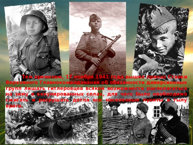  Тем временем, 17 ноября 1941 года вышел приказ Ставки Верховного Главнокомандования об обязанности диверсионных групп лишать гитлеровцев всякой возможности располагаться на зиму в оккупированных селах, для чего было необходимо сжигать и разрушать дотла все населенные пункты в тылу врага. 