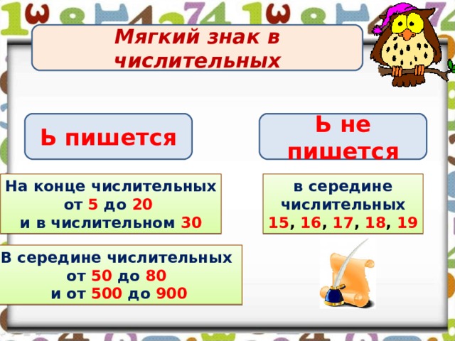 Мягкий знак в числительных Ь не пишется Ь пишется На конце числительных от 5 до 20 и в числительном 30 в середине числительных 15 , 16 , 17 , 18 , 19 В середине числительных от 50 до 80  и от 500 до 900 