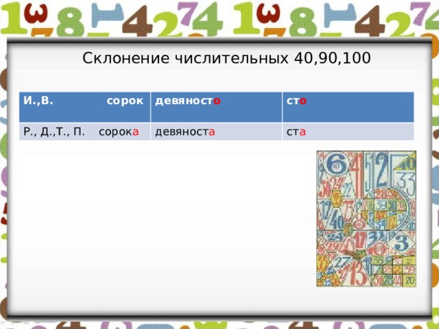 Склонение числительных 40,90,100 И.,В. сорок  девяност о Р., Д.,Т., П. сорок а  ст о девяност а ст а 