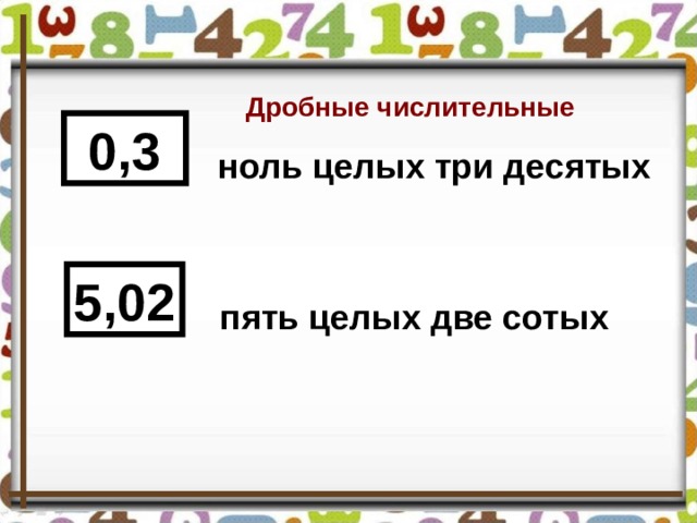 Дробные числительные 0,3 ноль целых три десятых  5,02 пять целых две сотых  