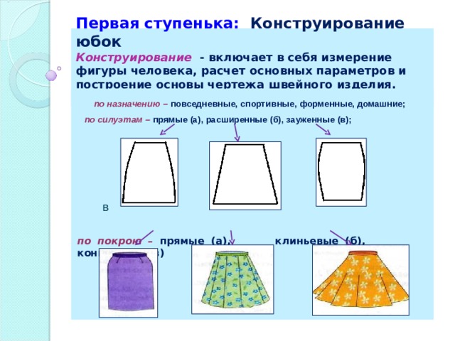 Первая ступенька: Конструирование юбок   Конструирование - включает в себя измерение фигуры человека, расчет основных параметров и построение основы чертежа швейного изделия.    по назначению – повседневные, спортивные, форменные, домашние;  по силуэтам –  прямые (а), расширенные (б), зауженные (в);  а б в  по покрою – прямые (а), клиньевые (б), конические (в)   