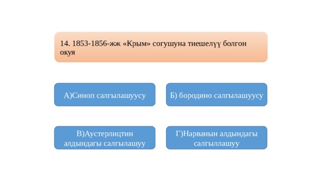 14. 1853-1856-жж «Крым» согушуна тиешелүү болгон окуя А)Синоп салгылашуусу Б) бородино салгылашуусу В)Аустерлицтин алдындагы салгылашуу Г)Нарванын алдындагы салгыллашуу 