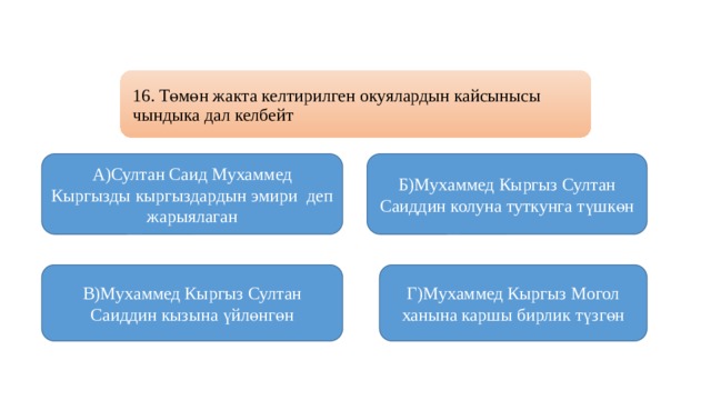 16. Төмөн жакта келтирилген окуялардын кайсынысы чындыка дал келбейт А)Султан Саид Мухаммед Кыргызды кыргыздардын эмири деп жарыялаган Б)Мухаммед Кыргыз Султан Саиддин колуна туткунга түшкөн В)Мухаммед Кыргыз Султан Саиддин кызына үйлөнгөн Г)Мухаммед Кыргыз Могол ханына каршы бирлик түзгөн 