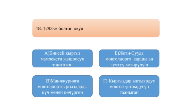 18. 1293-ж болгон окуя А)Енисей кыргыз мамлекети жашоосун токтоткон Б)Жети-Сууда моңголдорго каршы эң күчтүү көтөрүлүш В)Манчжурияга моңголдор кыргыздарды күч менен көчүргөн Г) Кыргыздар ыктыярдуу моңгол үстөмдүгүн тааныган 