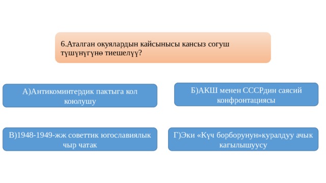 6.Аталган окуялардын кайсынысы кансыз согуш түшүнүгүнө тиешелүү? Б)АКШ менен СССРдин саясий конфронтациясы А)Антикоминтердик пактыга кол коюлушу В)1948-1949-жж советтик югославиялык чыр чатак Г)Эки «Күч борборунун»куралдуу ачык кагылышуусу 