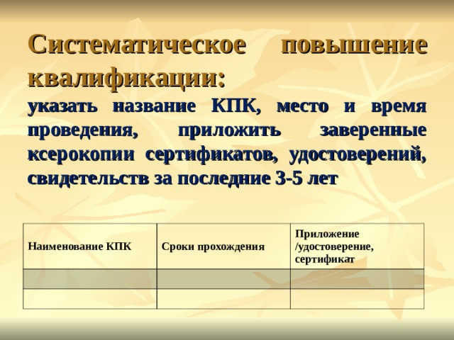 Систематическое повышение квалификации:   указать название КПК, место и время проведения, приложить заверенные ксерокопии сертификатов, удостоверений, свидетельств за последние 3-5 лет Наименование КПК Сроки прохождения Приложение /удостоверение, сертификат 