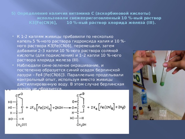 5) Определение наличия витамина С (аскорбиновой кислоты) использовали свежеприготовленный 10 %-ный раствор К3[Fe(CN)6], 10 %-ный раствор хлорида железа (III).     К 1-2 каплям живицы прибавили по несколько капель 5 %-ного раствора гидроксида калия и 10 %-ного раствора К3[Fe(CN)6], перемешали, затем добавили 2–3 капли 10 %-ного раствора соляной кислоты (для подкисления) и 1–2 капли 10 %-ного раствора хлорида железа (III). Наблюдали сине-зеленое окрашивание, и постепенно образуется синий осадок берлинской лазури – Fe4 [Fe(CN)6]3. Параллельно проделывали контрольный опыт, используя вместо живицы дистиллированную воду. В этом случае берлинская лазурь не образуется. 