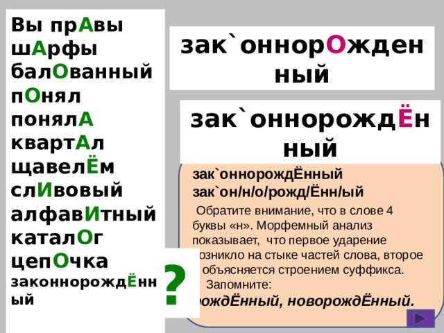 Вы пр А вы ш А рфы бал О ванный п О нял понял А кварт А л щавел Ё м сл И вовый алфав И тный катал О г цеп О чка законнорожд Ё нный  зак`оннор О жденный зак`оннорожд Ё нный зак`оннорождЁнный зак`он/н/о/рожд/Ённ/ый  Обратите внимание, что в слове 4 буквы «н». Морфемный анализ показывает, что первое ударение возникло на стыке частей слова, второе – объясняется строением суффикса.  Запомните: рождЁнный, новорождЁнный. ? 