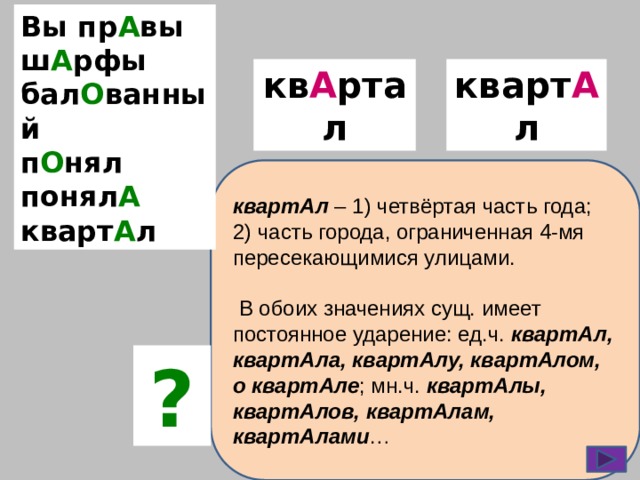Вы пр А вы ш А рфы бал О ванный п О нял понял А кварт А л кварт А л кв А ртал квартАл – 1) четвёртая часть года; 2) часть города, ограниченная 4-мя пересекающимися улицами.   В обоих значениях сущ. имеет постоянное ударение: ед.ч. квартАл, квартАла, квартАлу, квартАлом, о квартАле ; мн.ч. квартАлы, квартАлов, квартАлам, квартАлами … ? 