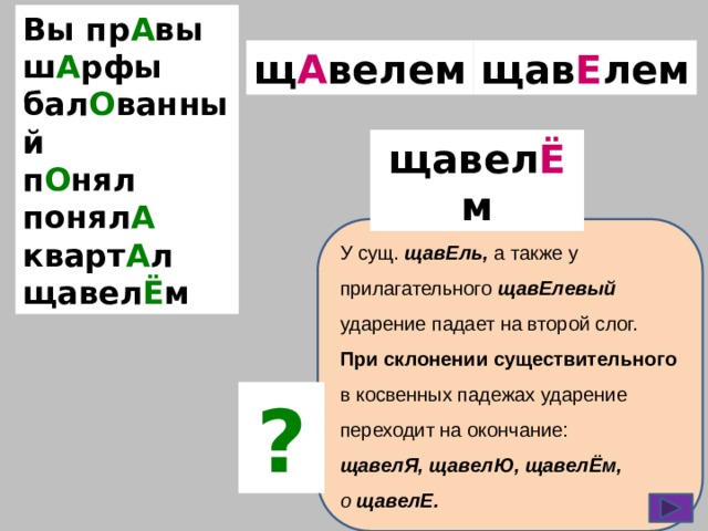 Вы пр А вы ш А рфы бал О ванный п О нял понял А кварт А л щавел Ё м щ А велем щав Е лем щавел Ё м У сущ. щавЕль, а также у прилагательного щавЕлевый ударение падает на второй слог. При склонении существительного в косвенных падежах ударение переходит на окончание: щавелЯ, щавелЮ, щавелЁм, о щавелЕ. ? 