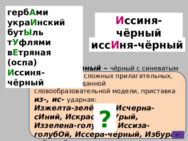 герб А ми укра И нский бут Ы ль т У флями в Е тряная (оспа) И ссиня-чёрный И ссиня-чёрный исс И ня-чёрный  Иссиня-чёрный – чёрный с синеватым оттенком. В сложных прилагательных, созданных по данной словообразовательной модели, приставка из-, ис- ударная: Изжелта-зелёный, Исчерна- сИний, Искрасна-бУрый, Иззелена-голубОй, Иссиза-голубОй, Иссера-чёрный, Избура-жёлтый . ? 