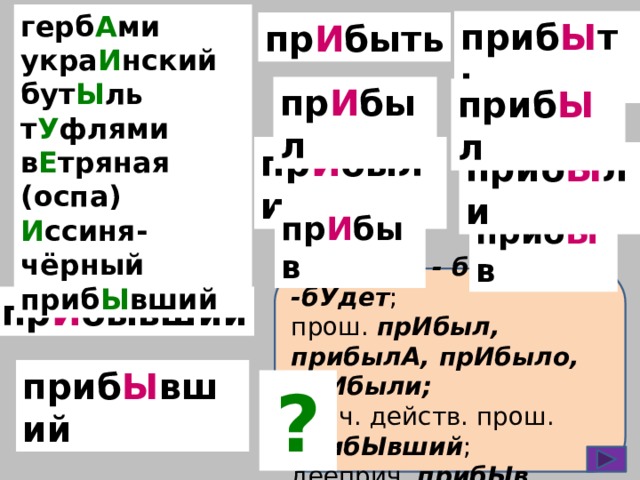 герб А ми укра И нский бут Ы ль т У флями в Е тряная (оспа) И ссиня-чёрный приб Ы вший приб Ы ть пр И быть пр И был приб Ы л пр И были приб Ы ли пр И быв приб Ы в прибЫть , - бУду, -бУдет ; прош. прИбыл, прибылА, прИбыло, прИбыли; прич. действ. прош. прибЫвший ; дееприч. прибЫв . пр И бывший приб Ы вший ?  