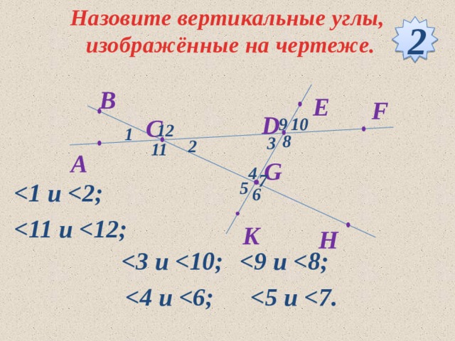 Назовите вертикальные углы,  изображённые на чертеже. 2 B E F  D  C 9 10 12 1  8 3  2 11   A G 4 7  5 6    K H      