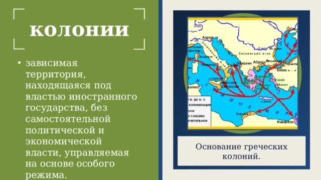 ко­лонии зависимая территория, находящаяся под властью иностранного государства, без самостоятельной политической и экономической власти, управляемая на основе особого режима. Основание греческих колоний.  