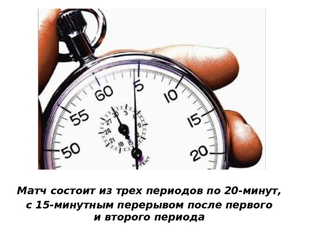 Матч состоит из трех периодов по 20-минут, с 15-минутным перерывом после первого и второго периода 