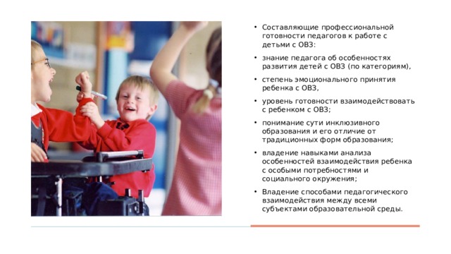 Составляющие профессиональной готовности педагогов к работе с детьми с ОВЗ: знание педагога об особенностях развития детей с ОВЗ (по категориям), степень эмоционального принятия ребенка с ОВЗ, уровень готовности взаимодействовать с ребенком с ОВЗ; понимание сути инклюзивного образования и его отличие от традиционных форм образования; владение навыками анализа особенностей взаимодействия ребенка с особыми потребностями и социального окружения; Владение способами педагогического взаимодействия между всеми субъектами образовательной среды. 