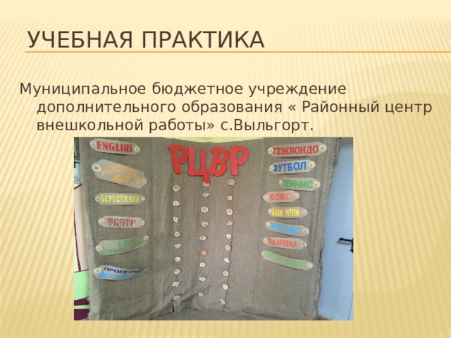Учебная практика Муниципальное бюджетное учреждение дополнительного образования « Районный центр внешкольной работы» с.Выльгорт. 