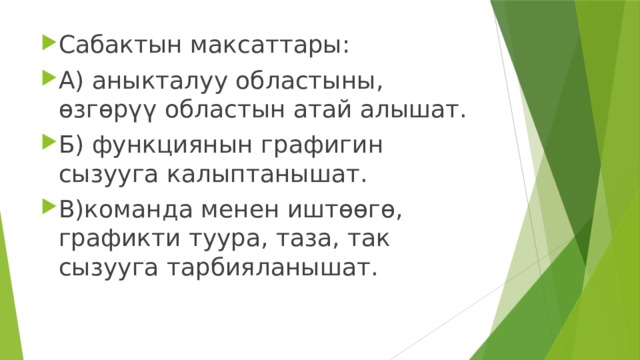 Сабактын максаттары: А) аныкталуу областыны, өзгөрүү областын атай алышат. Б) функциянын графигин сызууга калыптанышат. В)команда менен иштөөгө, графикти туура, таза, так сызууга тарбияланышат. 