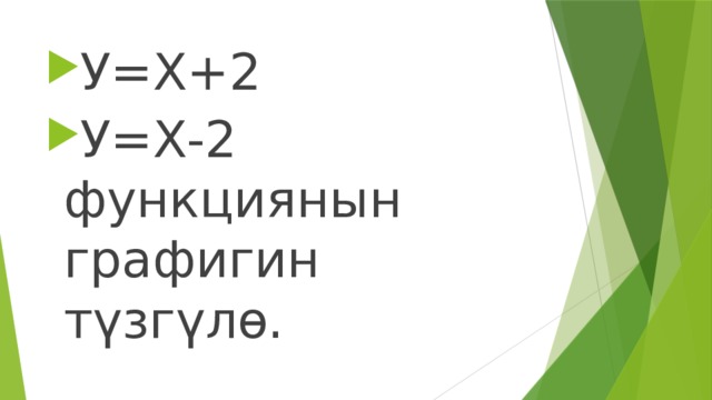 У=Х+2 У=Х-2 функциянын графигин түзгүлө. 