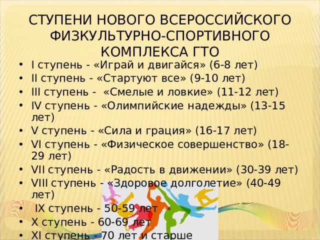 СТУПЕНИ НОВОГО ВСЕРОССИЙСКОГО ФИЗКУЛЬТУРНО-СПОРТИВНОГО КОМПЛЕКСА ГТО I ступень - «Играй и двигайся» (6-8 лет) II ступень - «Стартуют все» (9-10 лет) III ступень - «Смелые и ловкие» (11-12 лет) IV ступень - «Олимпийские надежды» (13-15 лет) V ступень - «Сила и грация» (16-17 лет) VI ступень - «Физическое совершенство» (18-29 лет) VII ступень - «Радость в движении» (30-39 лет) VIII ступень - «Здоровое долголетие» (40-49 лет)  IX ступень - 50-59 лет X ступень - 60-69 лет XI ступень - 70 лет и старше 