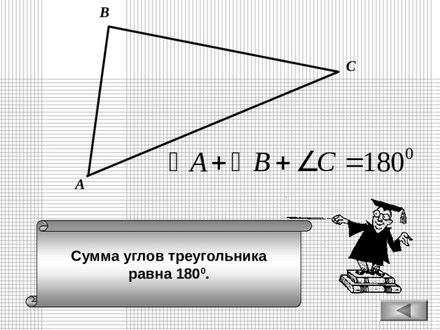 В С А Сумма углов треугольника равна 180 0 . 