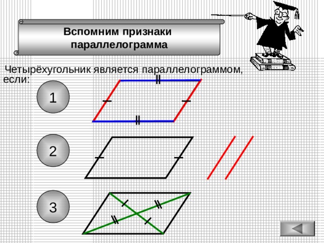 Вспомним признаки параллелограмма Четырёхугольник является параллелограммом, если: 1 2 3 