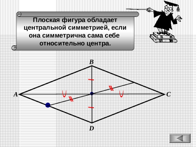 Плоская фигура обладает центральной симметрией, если она симметрична сама себе относительно центра. В А С D 
