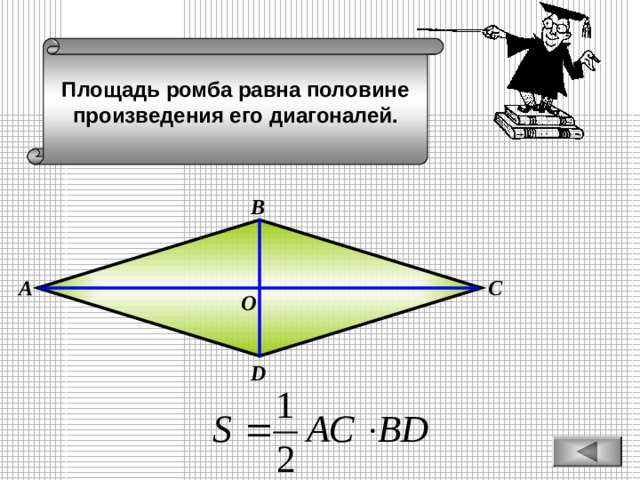 Площадь ромба равна половине произведения его диагоналей. В С А О D 