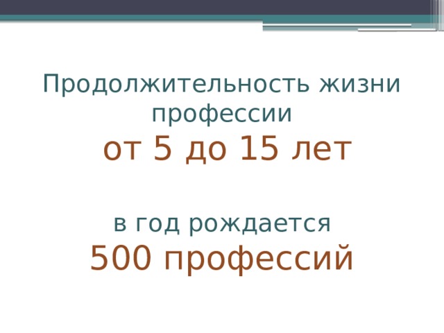 Продолжительность жизни профессии  от 5 до 15 лет в год рождается 500 профессий 