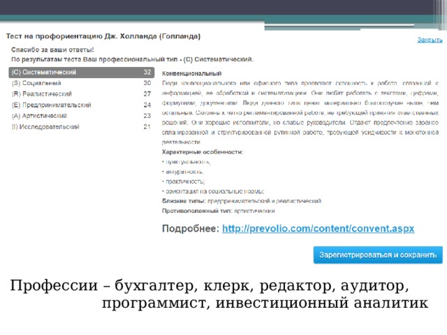 Профессии – бухгалтер, клерк, редактор, аудитор, программист, инвестиционный аналитик 