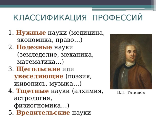 КЛАССИФИКАЦИЯ ПРОФЕССИЙ 1. Нужные науки (медицина, экономика, право…) 2. Полезные науки (земледелие, механика, математика…) 3. Щегольские или увеселяющие (поэзия, живопись, музыка…) 4. Тщетные науки (алхимия, астрология, физиогномика…) 5. Вредительские науки (ворожба, колдовство…) В.Н. Татищев 