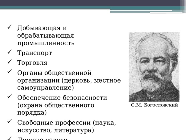 Добывающая и обрабатывающая промышленность Транспорт Торговля Органы общественной организации (церковь, местное самоуправление) Обеспечение безопасности (охрана общественного порядка) Свободные профессии (наука, искусство, литература) Личные услуги С.М. Богословский 