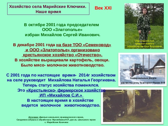 Хозяйство села Марийские Ключики. Наше время Век XXI В октябре 2001 года председателем ООО «Златополье»  избран Михайлов Сергей Иванович.  В декабре 2001 года на базе ТОО «Семеновод»  и ООО «Златополье» организовано  крестьянское хозяйство «Отечество». В хозяйстве выращивали картофель, овощи.  Было мясо- молочное животноводство. Индивидуальный предприниматель Михайлова Наталья Георгиевна С 2001 года по настоящее время- 2014г хозяйством  на селе руководит Михайлова Наталья Георгиевна. Теперь статус хозяйства поменялся.  Это «Крестьянско- фермерское хозяйство  ИП «Михайлов С.И.» В настоящее время в хозяйстве ведется молочное животноводство . Коммунальные услуги- расчистка улиц Тракторист Ванин В.В  Источник :Данные школьного краеведческого музея, Сведения собрала и обработала: Муликбаева Н.П.,рук-ль школьного музея  с. Марийские Ключики 