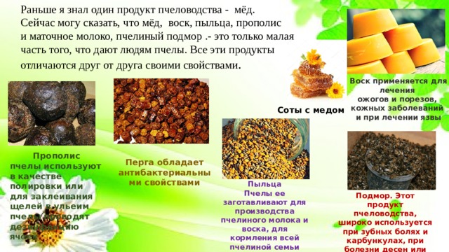 Раньше я знал один продукт пчеловодства -  мёд.      Сейчас могу сказать, что мёд,  воск, пыльца, прополис и маточное молоко, пчелиный подмор .- это только малая часть того, что дают людям пчелы. Все эти продукты отличаются друг от друга своими свойствами .   Воск применяется для лечения  ожогов и порезов, кожных заболеваний  и при лечении язвы Соты с медом Прополис пчелы используют в качестве полировки или для заклеивания щелей в ульеим пчелы проводят дезинфекцию ячеек Перга обладает антибактериальными свойствами Пыльца Пчелы ее заготавливают для производства пчелиного молока и воска, для кормления всей пчелиной семьи Подмор. Этот продукт пчеловодства, широко используется при зубных болях и карбункулах, при болезни десен или укрепления волос, при глазных заболеваниях . 