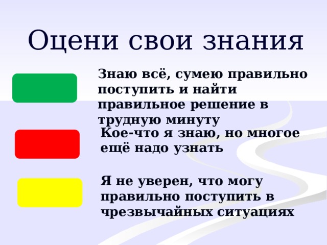 Оцени свои знания Знаю всё, сумею правильно поступить и найти правильное решение в трудную минуту Кое-что я знаю, но многое ещё надо узнать Я не уверен, что могу правильно поступить в чрезвычайных ситуациях 