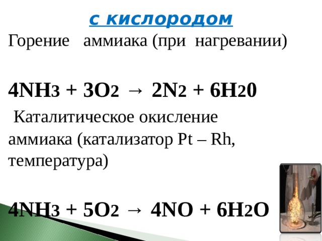 с кислородом Горение аммиака (при нагревании) 4NH 3  + 3O 2  → 2N 2  + 6H 2 0   Каталитическое окисление аммиака (катализатор Pt – Rh, температура) 4NH 3  + 5O 2  → 4NO + 6H 2 O 