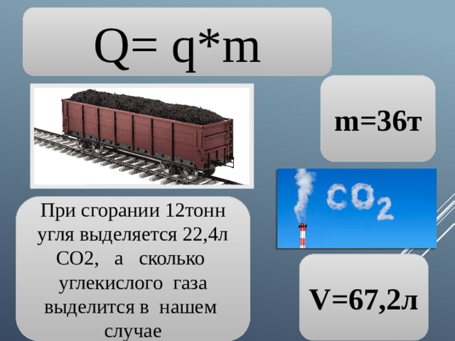 Q= q*m m=36т При сгорании 12тонн угля выделяется 22,4л СО2, а сколько углекислого газа выделится в нашем случае V=67,2л 
