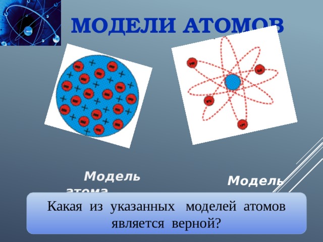 Модели атомов    Модель атома  Резерфорда  Модель атома  Томсона Какая из указанных моделей атомов является верной? 4 