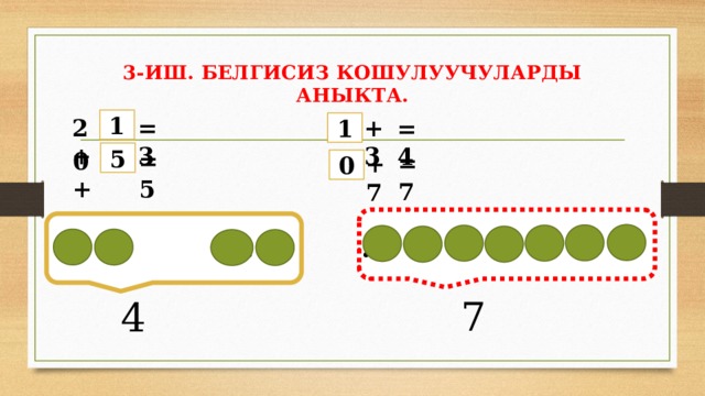 3-ИШ. БЕЛГИСИЗ КОШУЛУУЧУЛАРДЫ АНЫКТА.   2+ 1 =3 +3 =4 1 0+ 5 =5 =7 +7 0 … … 7 4  