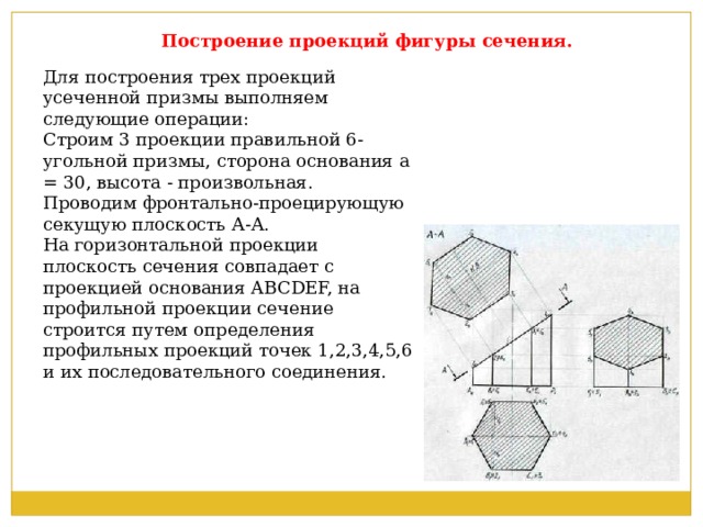 Построение проекций фигуры сечения. Для построения трех проекций усеченной призмы выполняем следующие операции: Строим 3 проекции правильной 6-угольной призмы, сторона основания а = 30, высота - произвольная. Проводим фронтально-проецирующую секущую плоскость А-А. На горизонтальной проекции плоскость сечения совпадает с проекцией основания ABCDEF, на профильной проекции сечение строится путем определения профильных проекций точек 1,2,3,4,5,6 и их последовательного соединения. 