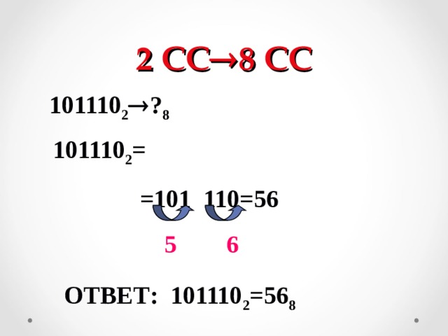 2 СС  8 СС 101110 2  ? 8 101110 2 =  =101 110=56  5 6 ОТВЕТ: 101110 2 =56 8  