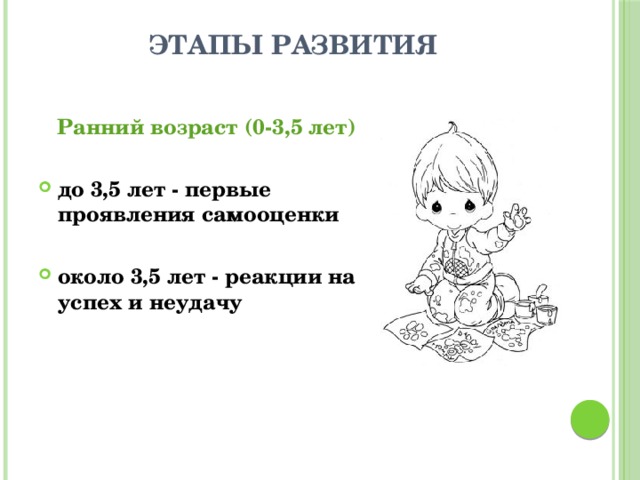 этапы развития  Ранний возраст (0-3,5 лет)  до 3,5 лет - первые проявления самооценки  около 3,5 лет - реакции на успех и неудачу  