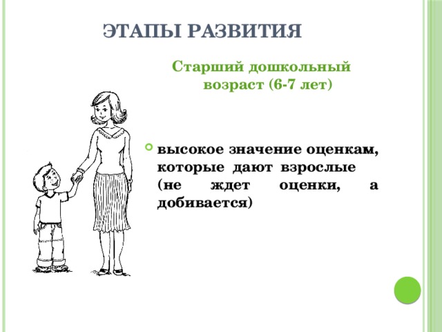 этапы развития Старший дошкольный возраст (6-7 лет)   высокое значение оценкам, которые дают взрослые (не ждет оценки, а добивается)  