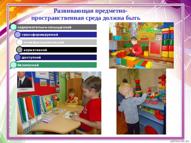  Развивающая предметно-пространственная среда должна быть содержательно-насыщенной трансформируемой полифункциональной вариативной доступной безопасной 