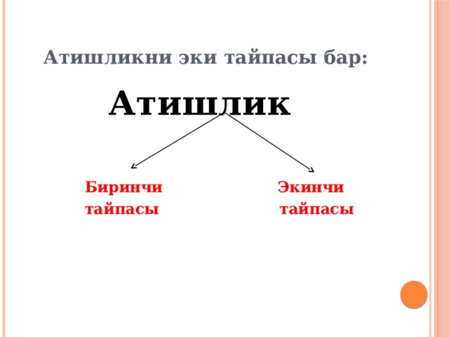 Атишликни эки тайпасы бар: Атишлик     Биринчи Экинчи  тайпасы тайпасы 